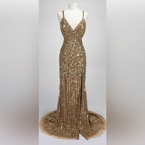 Paul Rekhi Gold Beaded Gown - Black Tie Wedding Guest Prom. Style #5210